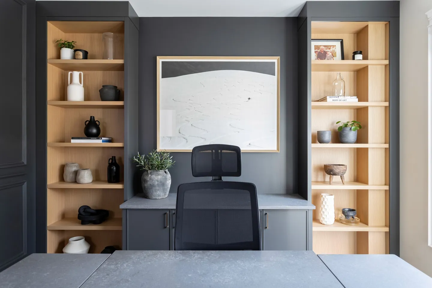 Home office built-ins in charcoal and white oak, wide view